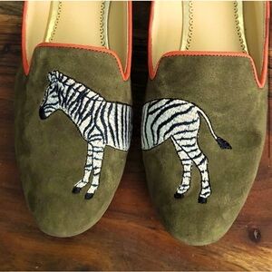 C. Wonder Embroidered Zebra Cushioned Suede Slip On Loafer Olive/Orange  Size 8